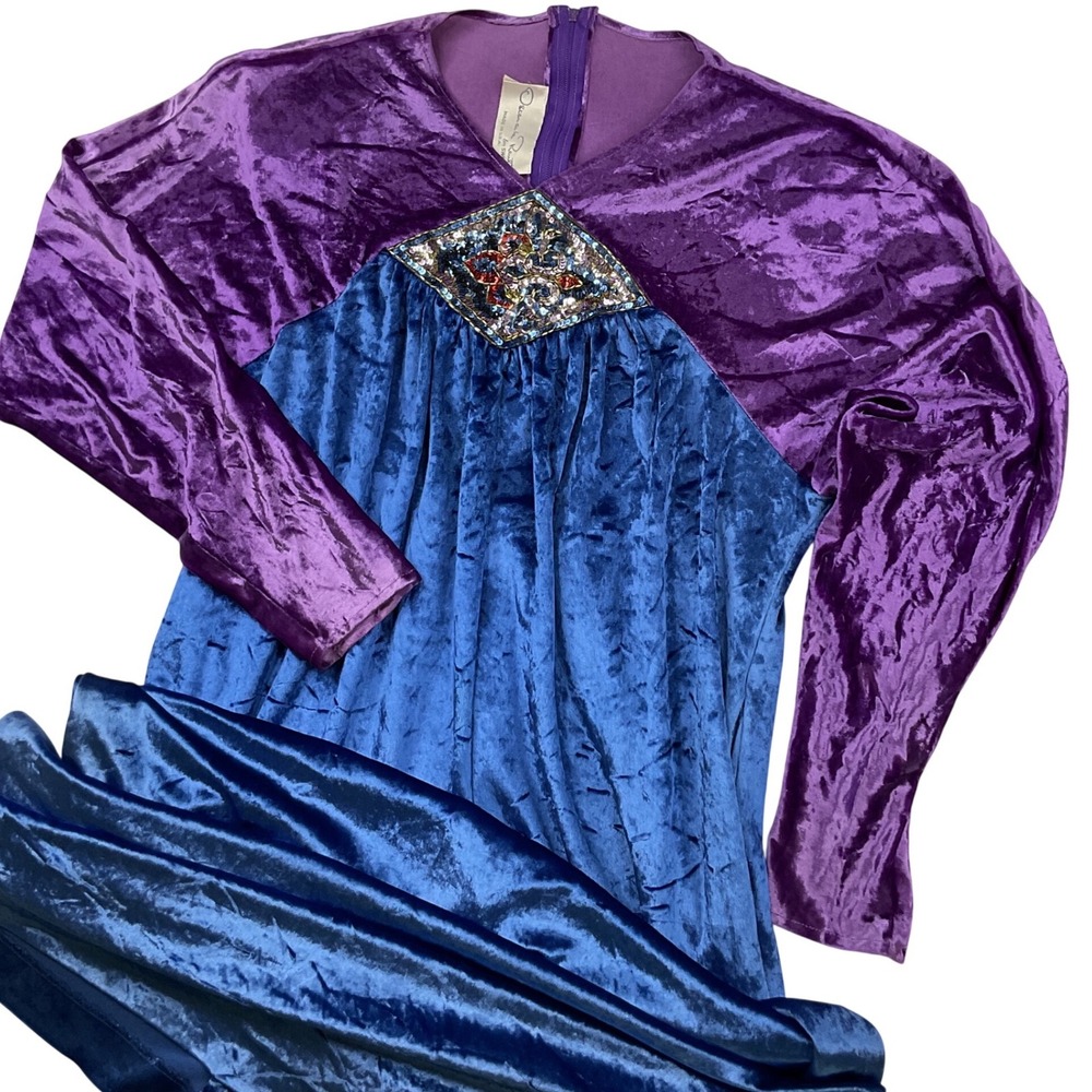 Oscar De La Renta For Swirl Dress 70s Crushed Velvet Embellished Kaftan Circa